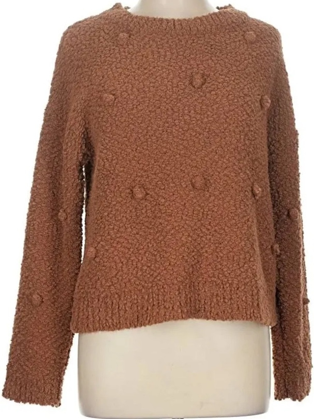 Textured Pom-Pom Crewneck Sweater in Warm Brown